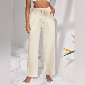 SHEIN Leisure Comfy & Breathable Natural Linen Front Laces Loose Wide-Leg Pants